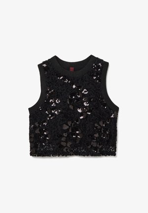 Top negro sin mangas con detalles de lentejuelas florales y tejido texturizado. Presenta un escote y dobladillo acanalados, con patrones intrincados en toda la prenda.