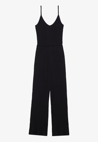 Mono negro de canalé con escote en V y tirantes finos, con pantalones de pierna ancha, mostrado sobre un fondo blanco liso.
