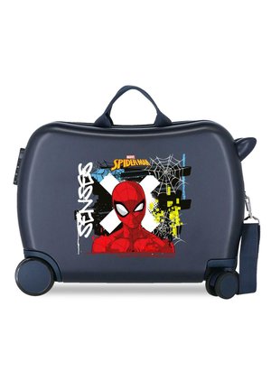 Maleta rígida azul marino con gráfico de Spider-Man, dos ruedas, asa superior y correa de hombro desmontable.