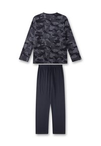 Langdurig shirt met een donkergrijs camouflagepatroon en gestructureerd detail; gecombineerd met effen donkergrijze broek met een elastische tailleband.