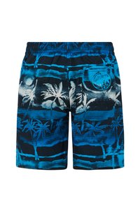 Herren Badeshorts mit einem blauen und schwarzen Design, das Palmbaum-Muster und horizontale Streifen aufweist. Elastischer Bund mit einer Gesäßtasche.
