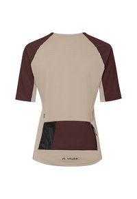 Maillot de sport beige et marron foncé à manches courtes avec une poche zippée à l'arrière et un panneau en maille noire, marqué "VAUDE" près de l'ourlet inférieur.