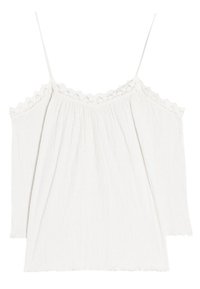 White off-shoulder top with thin straps, featuring a textured fabric, a pleated design, and delicate lace trim along the neckline.