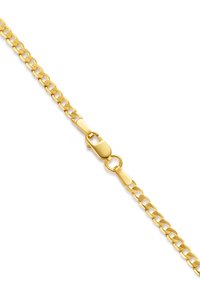 Goldene Armbandkette mit ineinandergreifenden Gliedern, polierter Oberfläche und sicherem Karabinerverschluss.