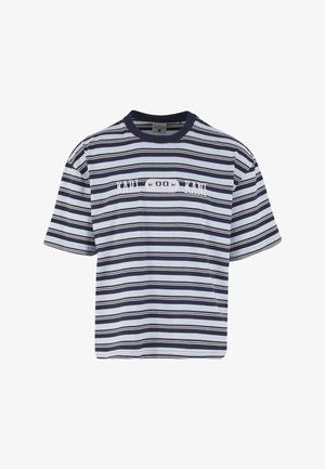 Kék-fehér vízszintes csíkos rövid ujjú póló sötétkék gallérral és a "Karl Kani" hímzéssel a mellkason.