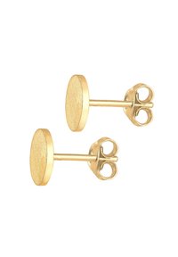 Goldfarbene Steckerohrringe mit einem strukturierten, kreisförmigen Design und einem Schmetterlingsverschluss. Die Oberfläche hat ein mattes Finish.