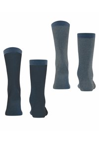 Zwei Paar Socken: ein Paar ist einfarbig navy und das andere hat ein gestreiftes Muster in verschiedenen Blautönen. Gerippte Bündchen an der Oberseite.