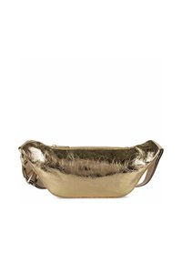 Marsupio metallico dorato con un design curvo e leggero, dotato di chiusura con zip e superficie testurizzata per un tocco di dettaglio in più.