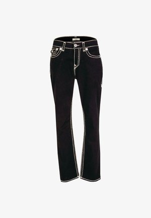 Schwarze gerade geschnittene Jeans mit weißen Kontrastnähten und einem Fünf-Taschen-Design, Knopfverschluss und sichtbaren Gürtelschlaufen.