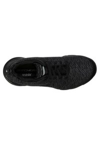 Zapatilla ArchFit negra de Skechers, con parte superior de punto texturizado, cierre de cordones y plantilla acolchada. Diseño de punta redondeada y suela flexible.