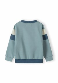 Vaaleansininen huppari, jossa on pyöreä kaula-aukko, pitkät hihat, ribbaudut hihansuut sekä sinivihreät, vaaleanbeiget ja tummansiniset väriblokit hihoissa.