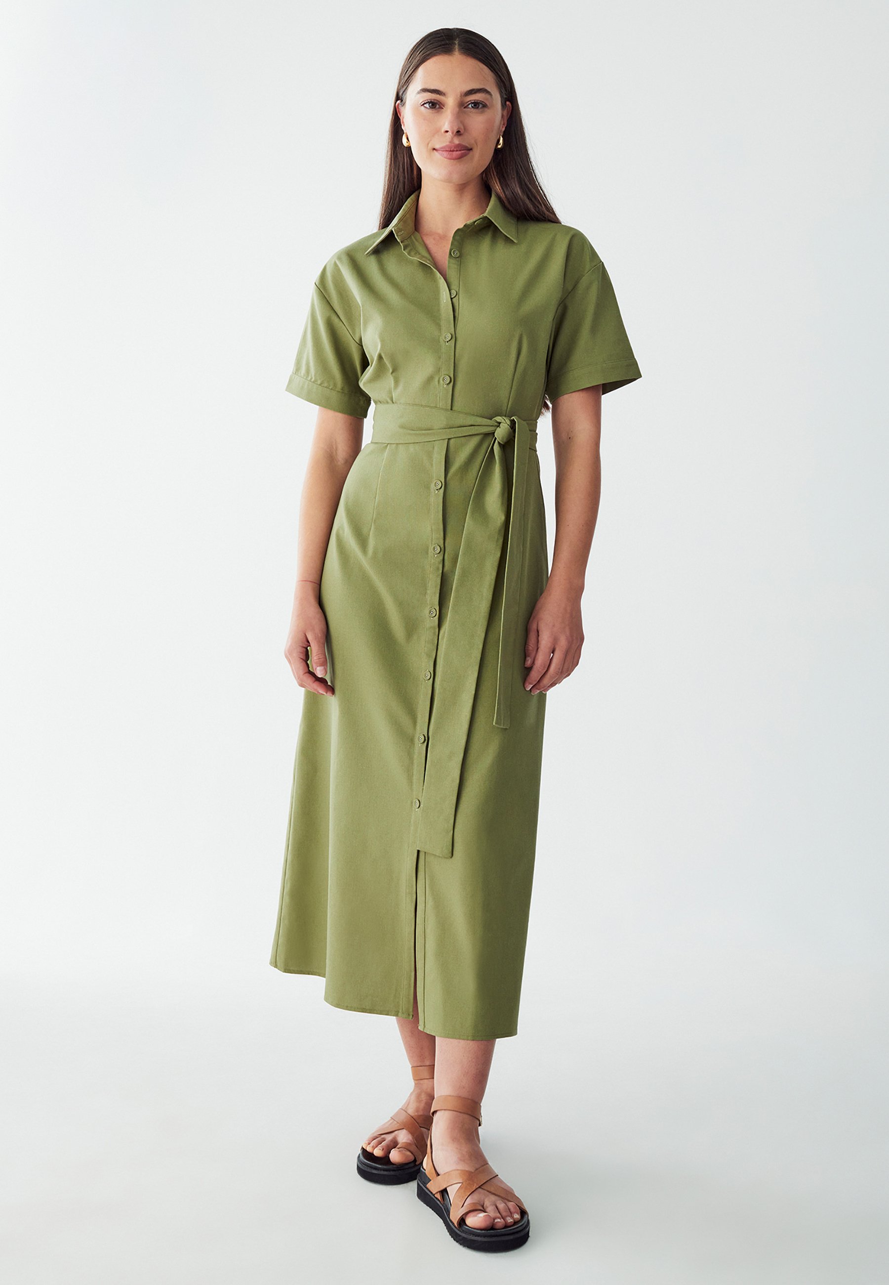 strapless open back dress Buy Olive Green Collared Belted Western Dress Online for Woman main image 1