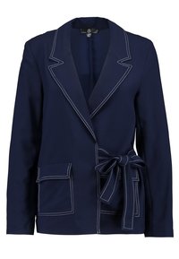 Námořnický modrý blejzr s bílým prošitím, velkými předními kapsami, širokým límcem a zavazovacím textilním páskem v pase.