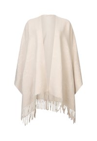 Sciarpa beige realizzata in un tessuto morbido e texturizzato. Incorporata nella parte anteriore, senza chiusure, con frange decorative all'orlo. Motivo goffrato delicato su tutta la superficie.