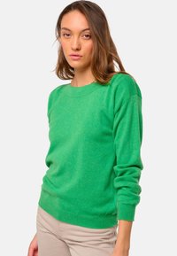 Grüner Strickpullover mit rundem Ausschnitt und gerippten Bündchen, ausgestattet mit einer weichen Textur. Der Schnitt ist locker, mit langen Ärmeln und vielseitigem Design.