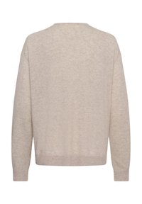 Pull beige en maille à manches longues avec un col rond, vu de dos, avec poignets et bas côtelés.