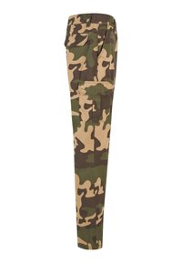 Vihreät ja vaaleanruskeat camo-farkut, puuvillakangasta, kapeneva malli, sivutaskut ja cargo-tyyliset taskut.