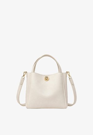 Borsa color crema con due manici corti, una tracolla removibile e una chiusura circolare dorata sulla parte anteriore.