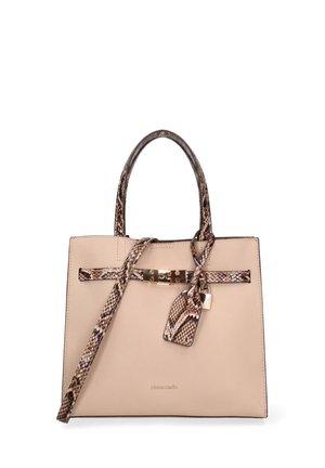 Beige gestructureerde handtas met slangenprint handvaten, riem en biezen, gouden gesp en een aangehecht label met slangenprint.