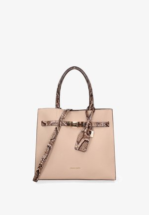 Borsa a mano beige strutturata con manici, tracolla e rifiniture con stampa a motivo serpente, fibbia dorata e targhetta con stampa serpente attaccata.