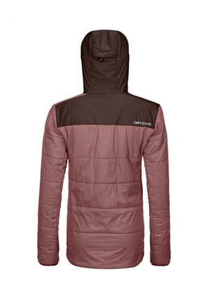 Padded jacket in pink with a brown quilted yoke and hood. Features a smooth texture, long sleeves, and subtle logo detailing on the back.