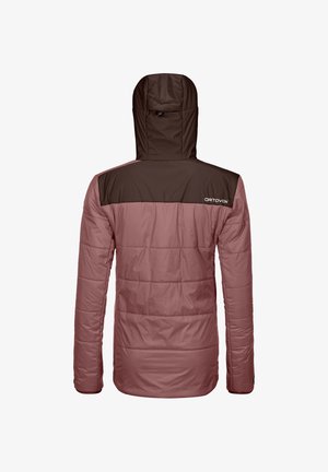Padded jacket in pink with a brown quilted yoke and hood. Features a smooth texture, long sleeves, and subtle logo detailing on the back.