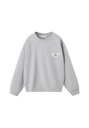 Sweat-shirt gris clair à col rond avec manches longues et logo blanc "DVXN" sur la poitrine gauche.