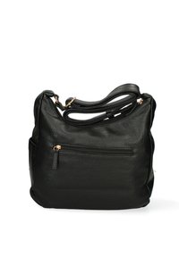 Borsa a spalla in pelle nera con superficie texture, una tasca frontale con zip e design a doppio manico per il trasporto.