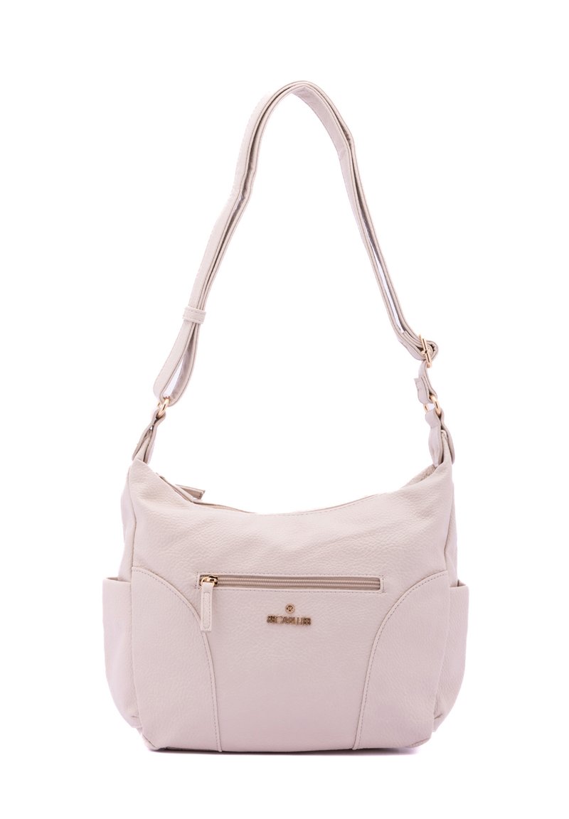 Beige leren schoudertas met een zachte textuur, ritsvak, gouden logodetail en verstelbare schouderriem. Ronde vorm met zijvakken.