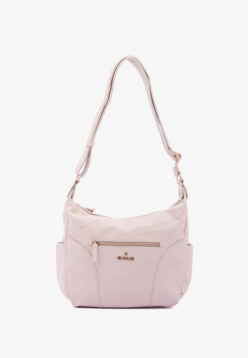 Beige leren schoudertas met een zachte textuur, ritsvak, gouden logodetail en verstelbare schouderriem. Ronde vorm met zijvakken.