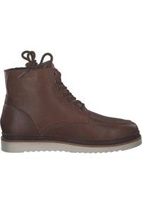 Brauner Lederstiefel mit glatter Textur, Knöchelhöhe, runder Zehenform und dunklem Schnürverschluss. Verfügt über eine kontrastierende weiße Gummisohle.