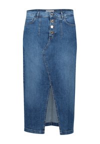 Jupe en denim bleu moyen, avec une fente à l'avant, une fermeture à cinq boutons, deux poches latérales et des coutures contrastées.