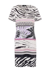 Kleid mit kurzen Ärmeln, das ein Zebra-Streifenmuster in Schwarz und Weiß zeigt, mit lila und pinken Akzenten und einem einfachen V-Ausschnitt.