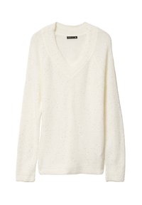 Weißer Pullover mit langen Ärmeln, V-Ausschnitt und strukturiertem Strick. Verziert mit silbernen Punkten für zusätzliche Details. Weiche Stoffoberfläche.