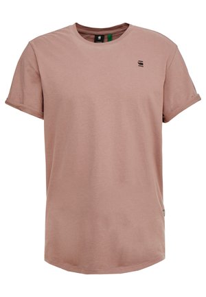 Mauve short-sleeve cotton T-shirt with rolled cuffs and small black logo on left chest.