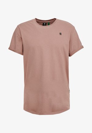 Malvenfarbenes T-Shirt aus Baumwolle mit kurzen Ärmeln, hochgekrempelten Bündchen und kleinem schwarzem Logo auf der linken Brust.
