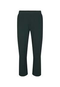 Pantalons capri vert foncé en tissu doux avec taille élastique. Le design présente une coupe droite, adaptée pour un look décontracté.