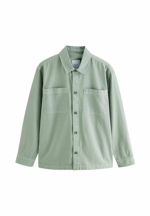 Light green button-up shirt made of soft cotton, featuring two chest pockets, a classic collar, and long sleeves. Smooth texture.