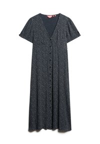 Granatowa sukienka zapinana na guziki, z krótkimi rękawami, dekoltem w kształcie litery V oraz kwiatowym wzorem. Lekka tkanina z luźnym krojem i długości do kostek.