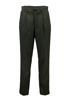 Pantalons en mélange de laine vert foncé, avec des plis, une fermeture à bouton et des jambes fuselées. Texture lisse avec un motif subtil.