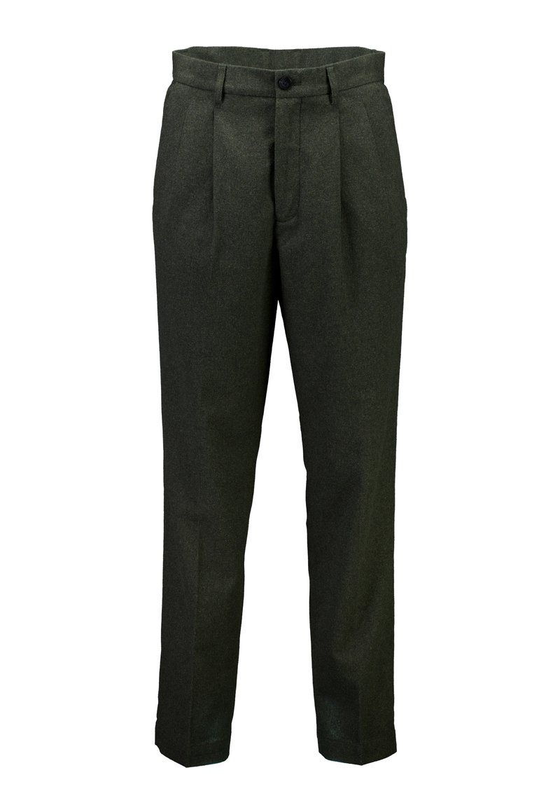 Pantalones de mezcla de lana en verde oscuro, con pinzas, cierre de botón y piernas ajustadas. Textura suave con un patrón sutil.