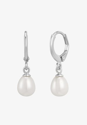 Sidabrinės auskarai su apvaliais, glotniais, baltais perlų pakabukais. Perlai turi ašaros formą ir yra pritvirtinti kilpelės mechanizmu.