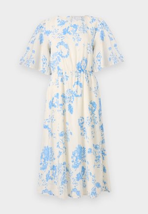 Floral dress in cream with blue patterns, featuring short flutter sleeves, an elastic cinched waist, and a flowing skirt design.