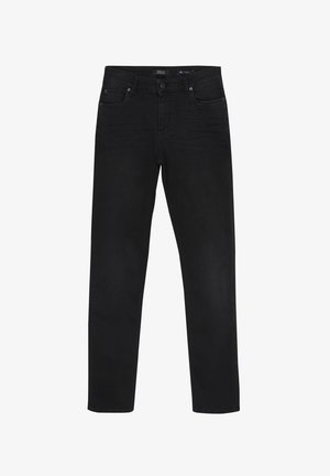 Sorte denimjeans med almindelig pasform, lige ben, fem lommer, knap- og lynlås-lukning samt minimal falmning. Glat, robust tekstur.