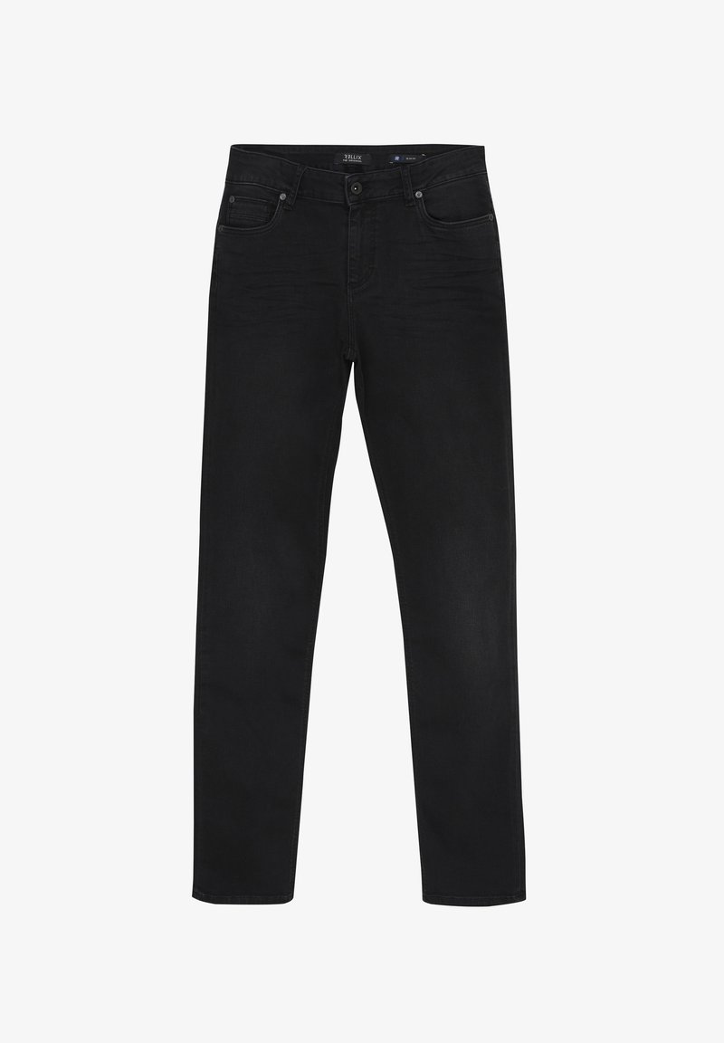 Czarne jeansy z denimu o regularnym kroju, prostych nogawkach, pięcioma kieszeniami, zapięciem na guzik i zamek oraz minimalnym przetarciem. Gładka, solidna faktura.