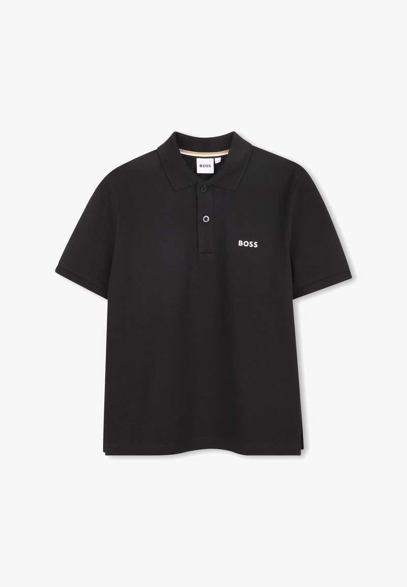 Polo noir à manches courtes avec deux boutons et logo blanc "BOSS" sur la poitrine gauche.