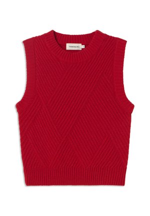 Pull en maille sans manches rouge avec un design texturé, comportant des côtes diagonales et un col rond. Confectionné en matériau doux.