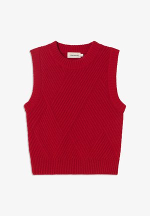 Pull en maille sans manches rouge avec un design texturé, comportant des côtes diagonales et un col rond. Confectionné en matériau doux.