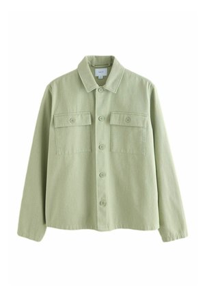 Lysegrøn jakke med knapper, lange ærmer, to brystlommer med knapper og en klassisk krave.