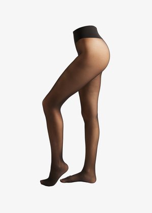 Černé průhledné punčocháče s texturovaným páskem, přiléhavým střihem a hladkým povrchem, který zvýrazňuje přirozený tón pleti skrze látku.